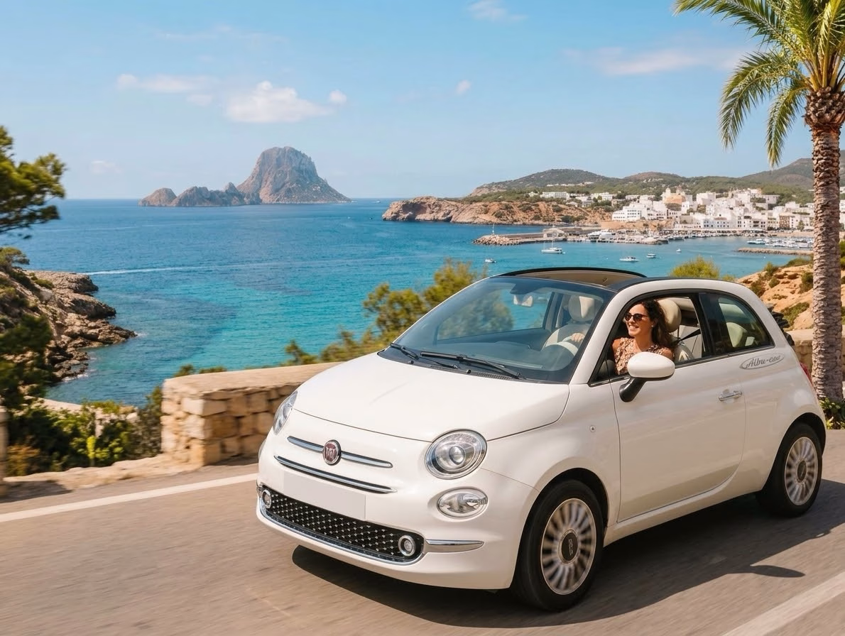 Fiat 500 descapotable blanco de Alba-Car en una carretera de Ibiza junto al mar, con Es Vedrà al fondo